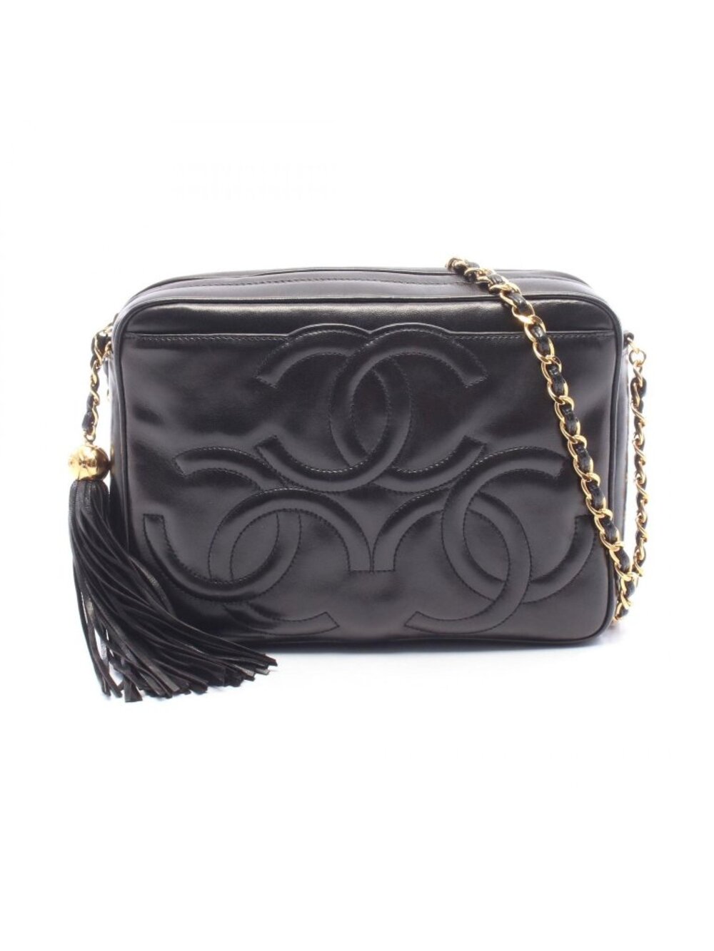 Chanel Shoulder Bag Triple CC Logo Tassel Black Lambskin Fringe Chain